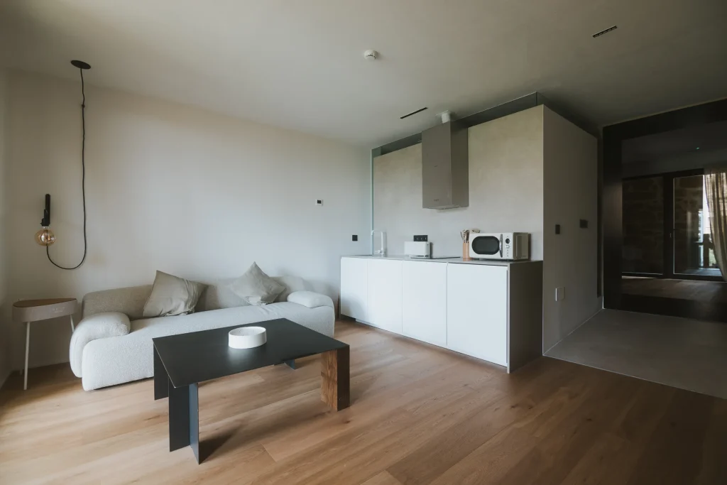 Zona de estar del apartamento 3 con sofá, cocina y lámpara colgante.
