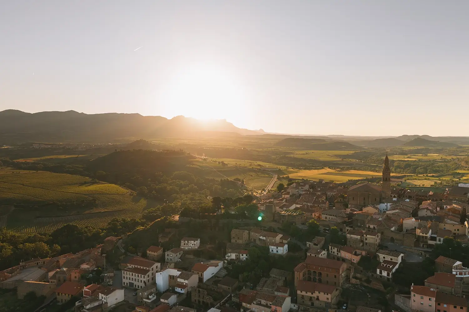 Briones al atardecer, rodeado por el paisaje de viñedosl.