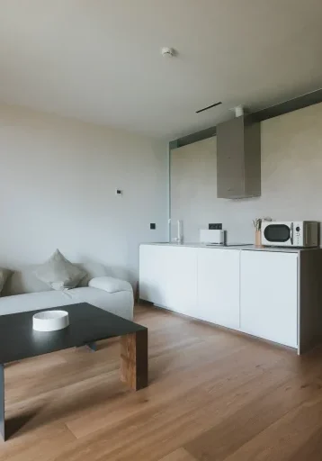 Zona de estar del apartamento 3 con sofá, cocina y lámpara colgante.